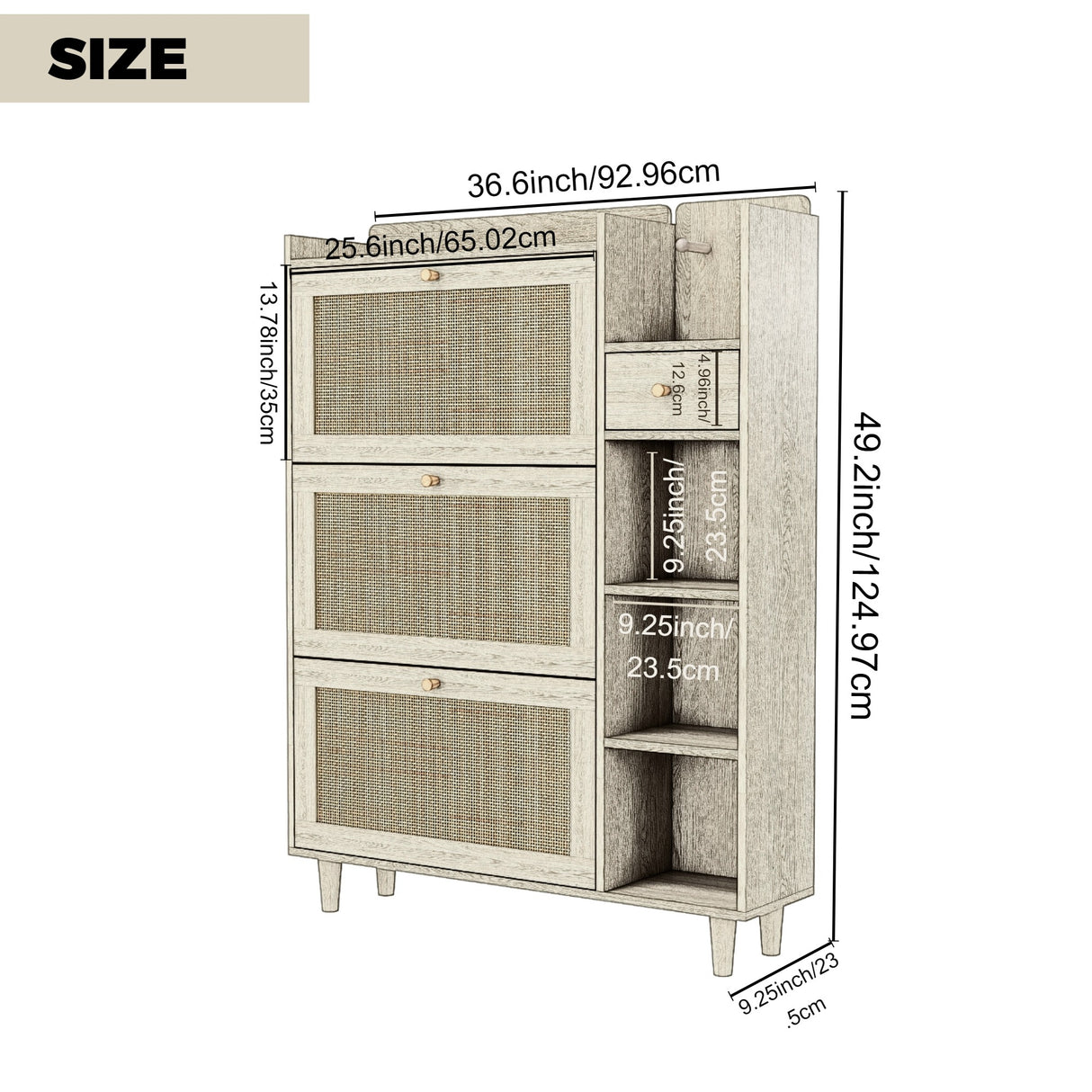 Natural Bohemian style shoe cabinet with 3 rattan flip drawers, 3 square shelves, and 1 storage drawer, Natural - V.I.P Digital Presence
