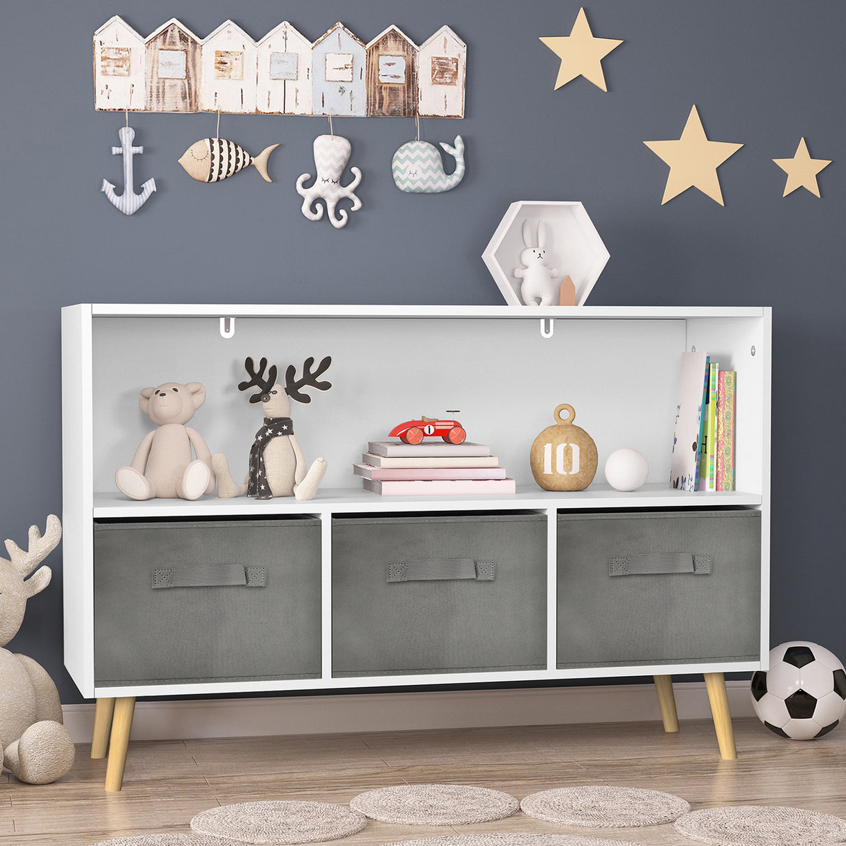 Kids bookcase with Collapsible Fabric Drawers Children's Book Display Toy Storage Cabinet Organizer White/Gray - V.I.P Digital Presence