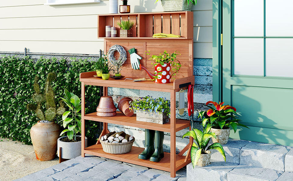 65" Large Wooden Farmhouse Rustic Outdoor Potting Bench Table Garden Potting Bench with 4 Storage Shelves and Side Hook,Natural - V.I.P Digital Presence