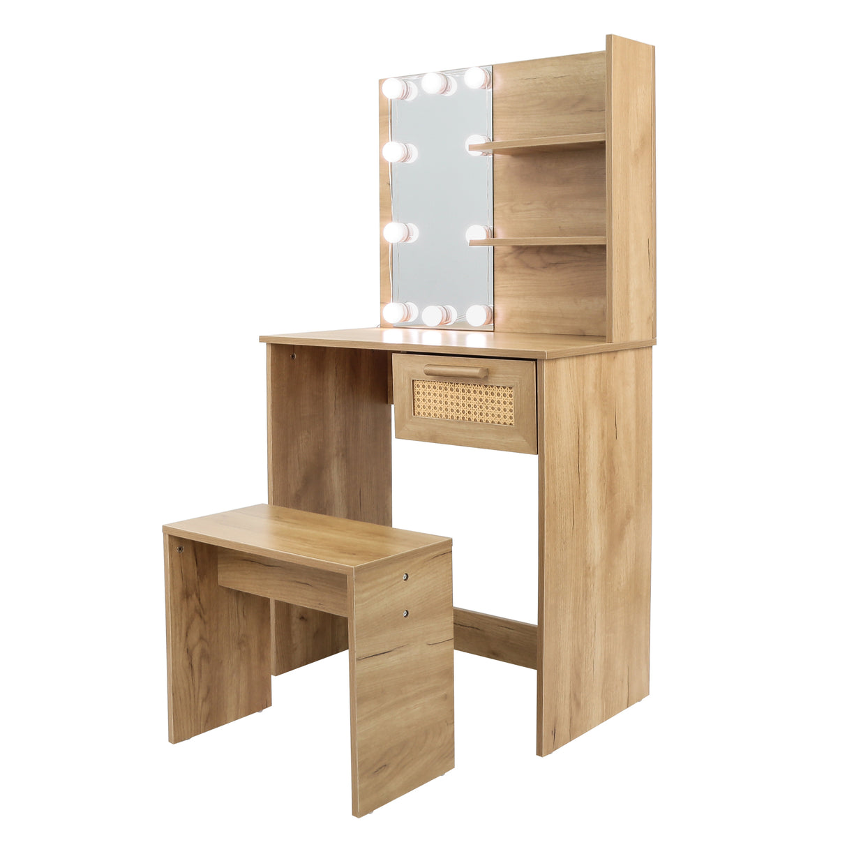 Vanity Desk Set Stool & Dressing Table with LED Lighting Mirror Drawer and Wood Cosmetic Table Chest of Drawers Nature Color - V.I.P Digital Presence