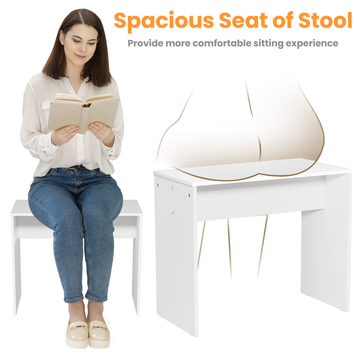 Vanity Desk Set Stool & Dressing Table with LED Lighting Mirror Drawer and Wood Cosmetic Table Chest of Drawers White Color - V.I.P Digital Presence