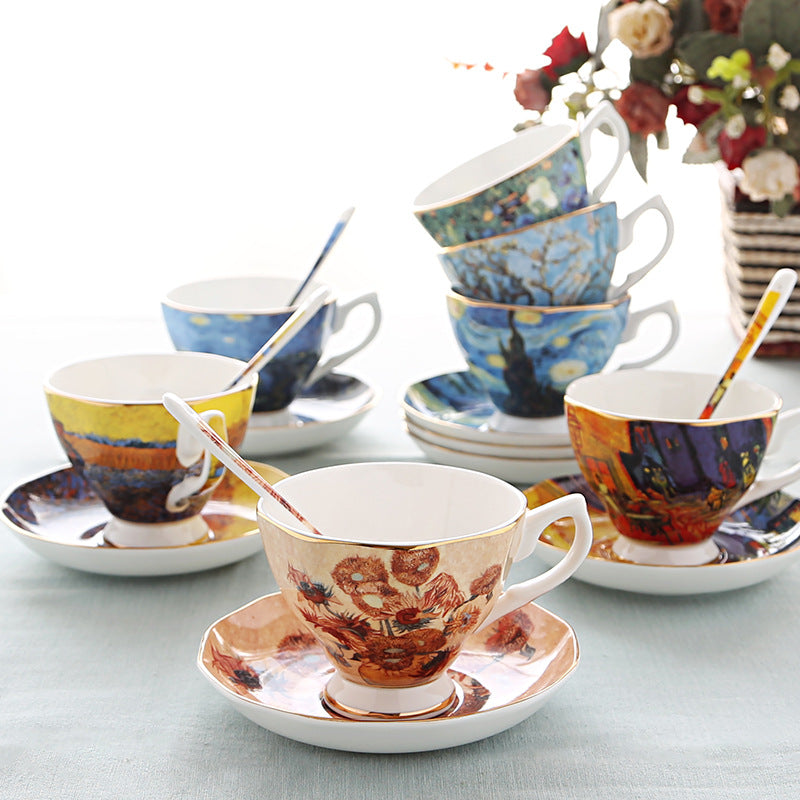British Luxe Saucer and Spoon Afternoon Tea Cup with Van Gogh Oil Painting Design, Bone China Coffee Cup, Creative Souvenir Ceramic Mug - V.I.P Digital Presence