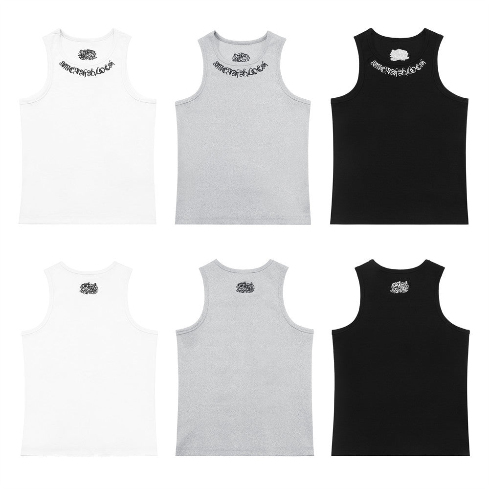 Gothic Letter Embroidery Ribbed Tank Top Men's Sports Fitted Casual Striped Sleeveless T-Shirt - V.I.P Digital Presence
