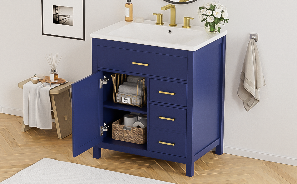 30-Inch Blue Bathroom Vanity with Ceramic Sink and Ample Storage - Ideal Choice for Small Bathrooms - V.I.P Digital Presence