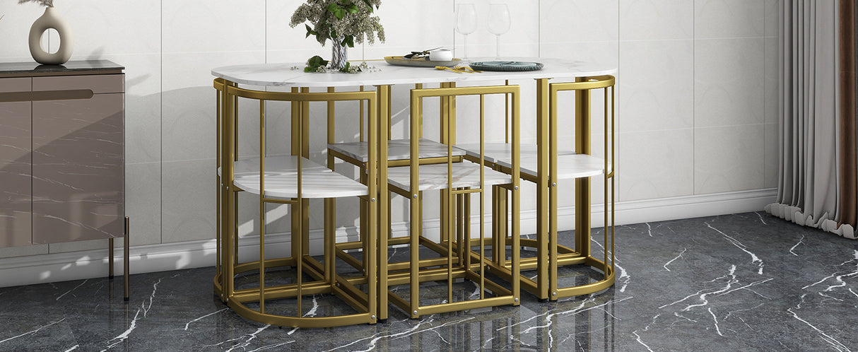 TOPMAX Modern 7-Piece Dining Table Set with Faux Marble Compact 55Inch Kitchen Table Set for 6 Golden+White
