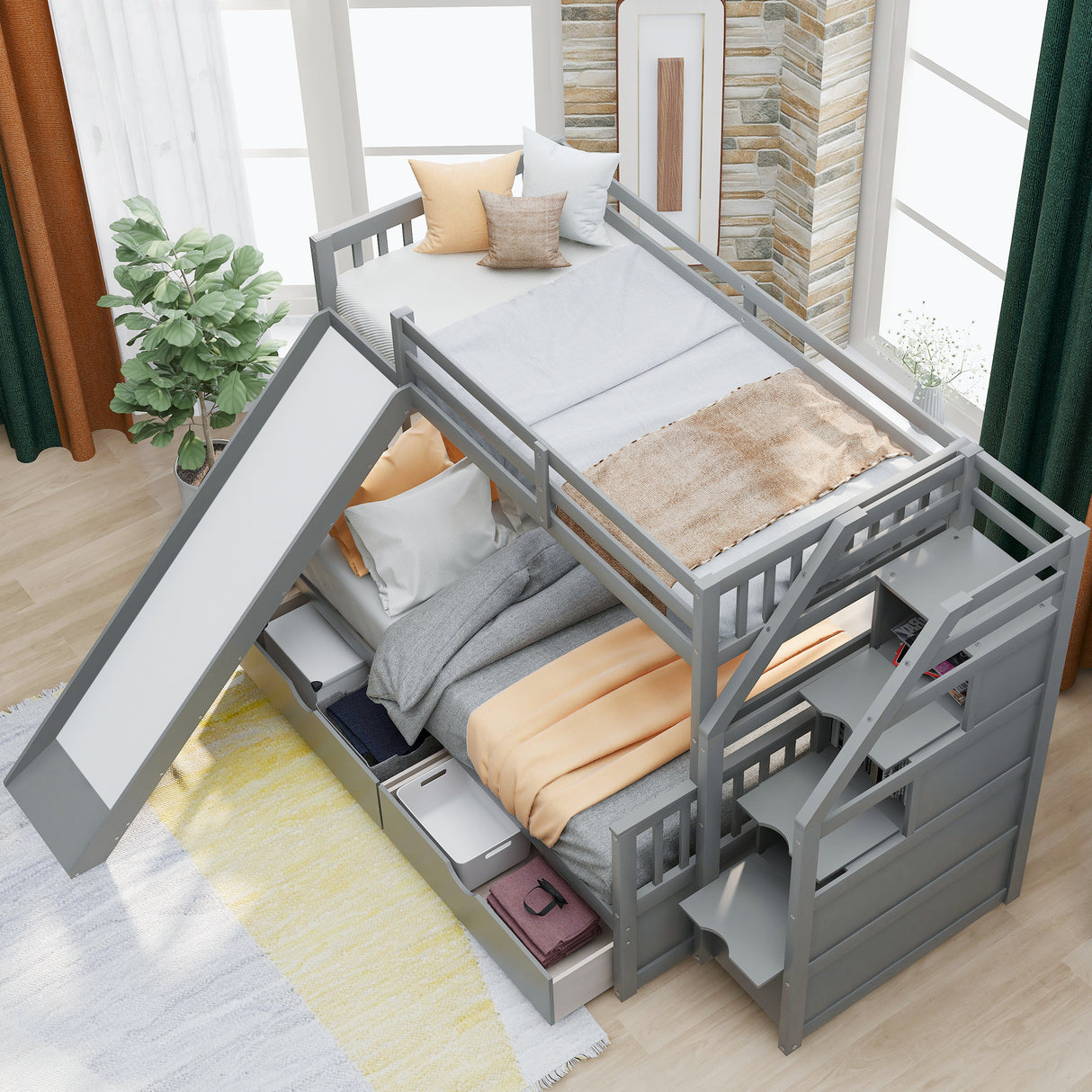 Twin over Full Bunk Bed with Drawers Storage and Slide Multifunction Gray