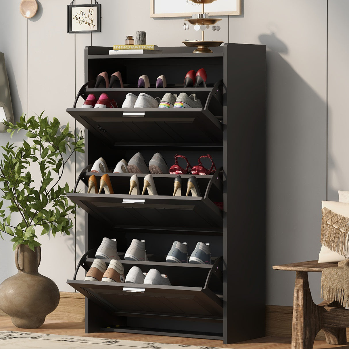 U-Can Shoe Storage Cabinet for Entryway with 3 Flip Drawers, Modern Shoe Organizer Cabinet, Free Standing Shoe Rack Black - V.I.P Digital Presence