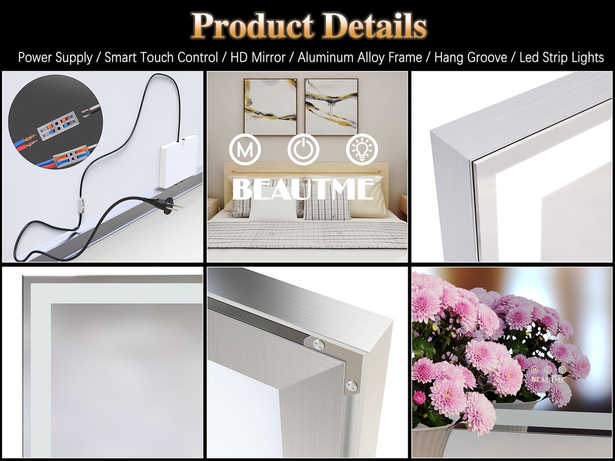 72X32 inch large LED bathroom mirror wall mounted mirror with 3 color modes, aluminum frame wall mounted light, full body mirror - V.I.P Digital Presence