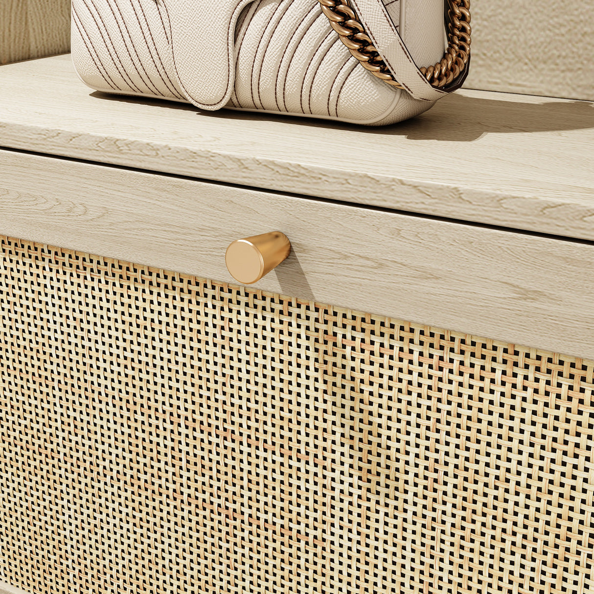 Natural Bohemian style shoe cabinet with 3 rattan flip drawers, 3 square shelves, and 1 storage drawer, Natural - V.I.P Digital Presence