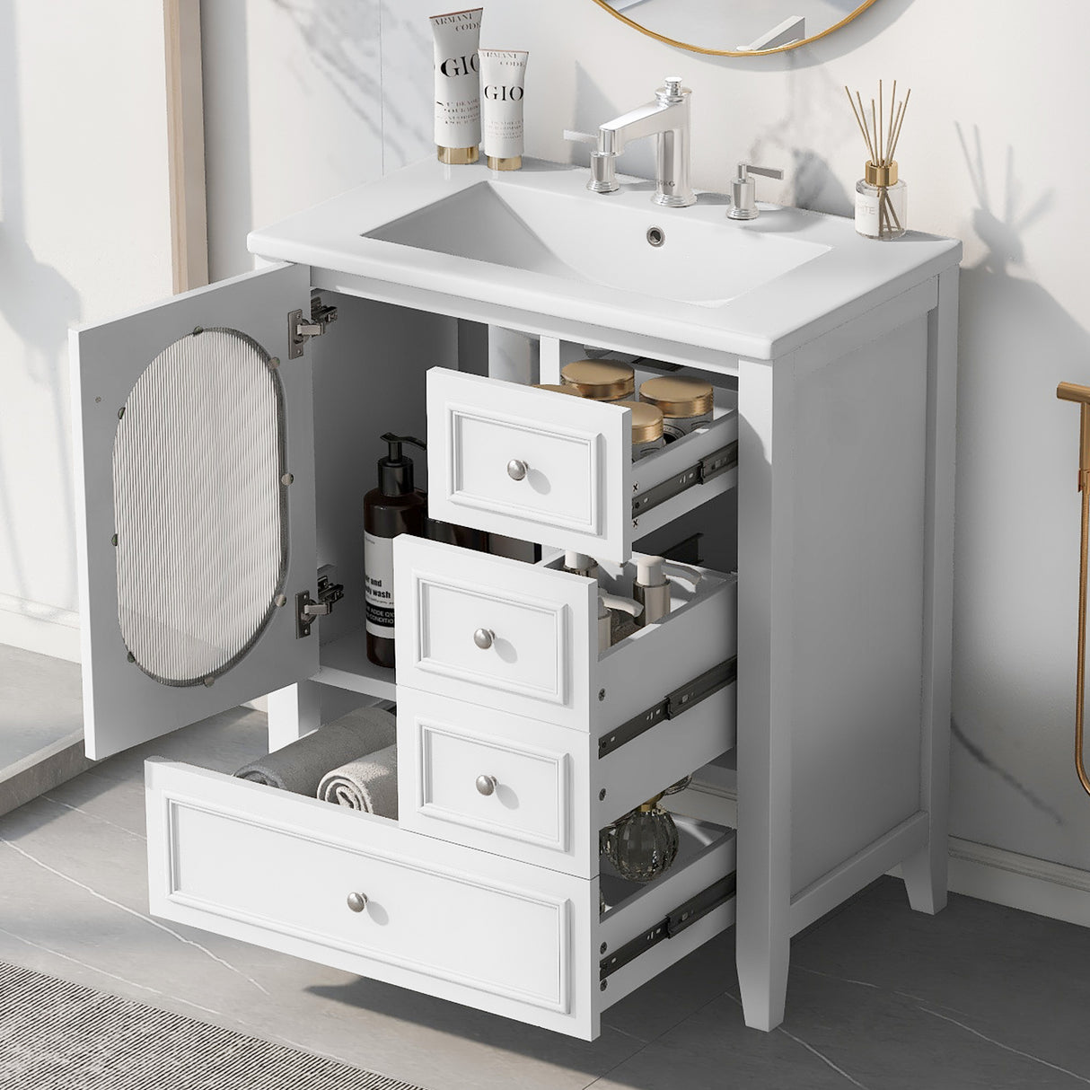 30" Bathroom Vanity with Sink, Bathroom Vanity Cabinet with Three Drawers and Door, Solid Wood and MDF, White - V.I.P Digital Presence
