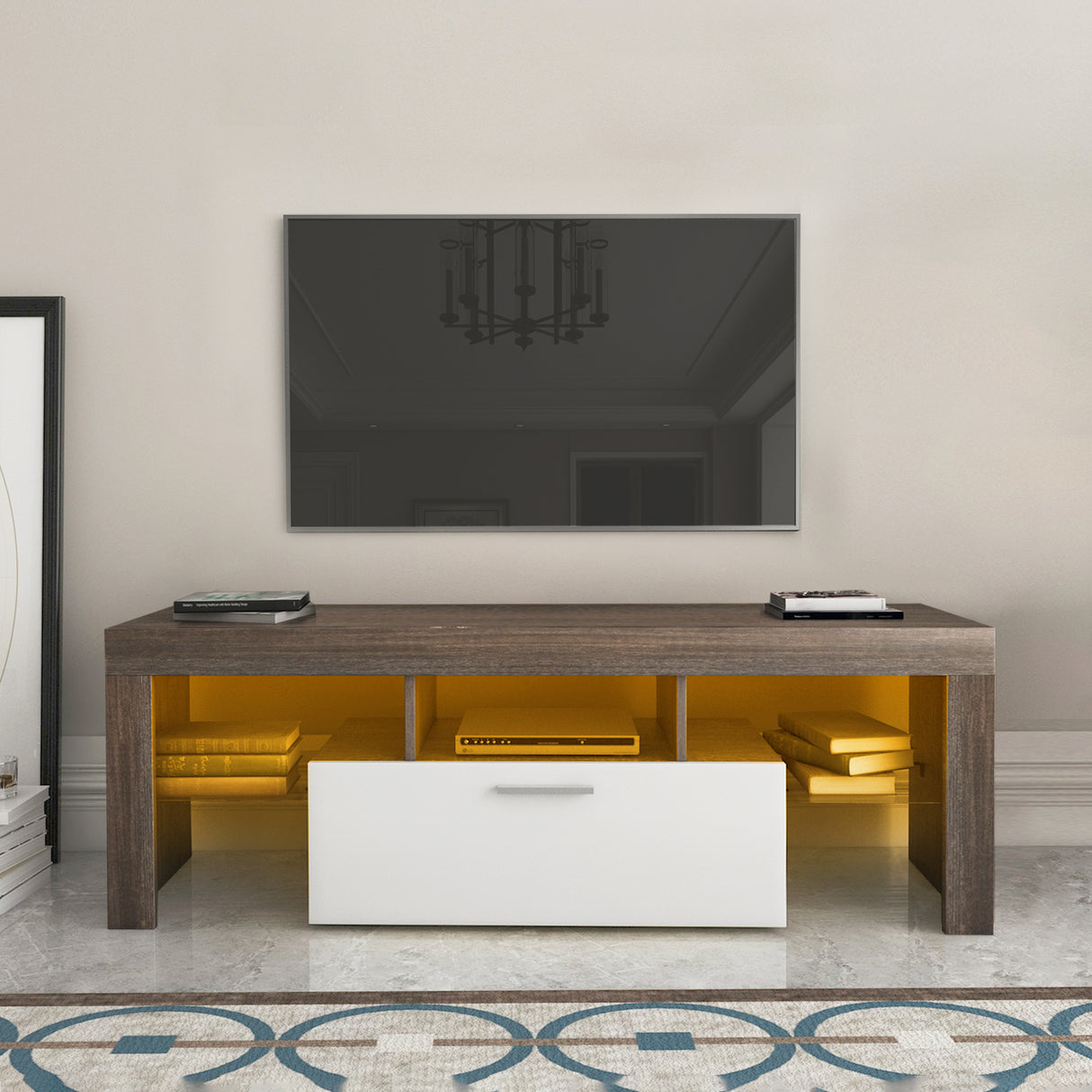 20 minutes quick assembly brown simple modern TV stand cabinet Brown + whiteTV bracket