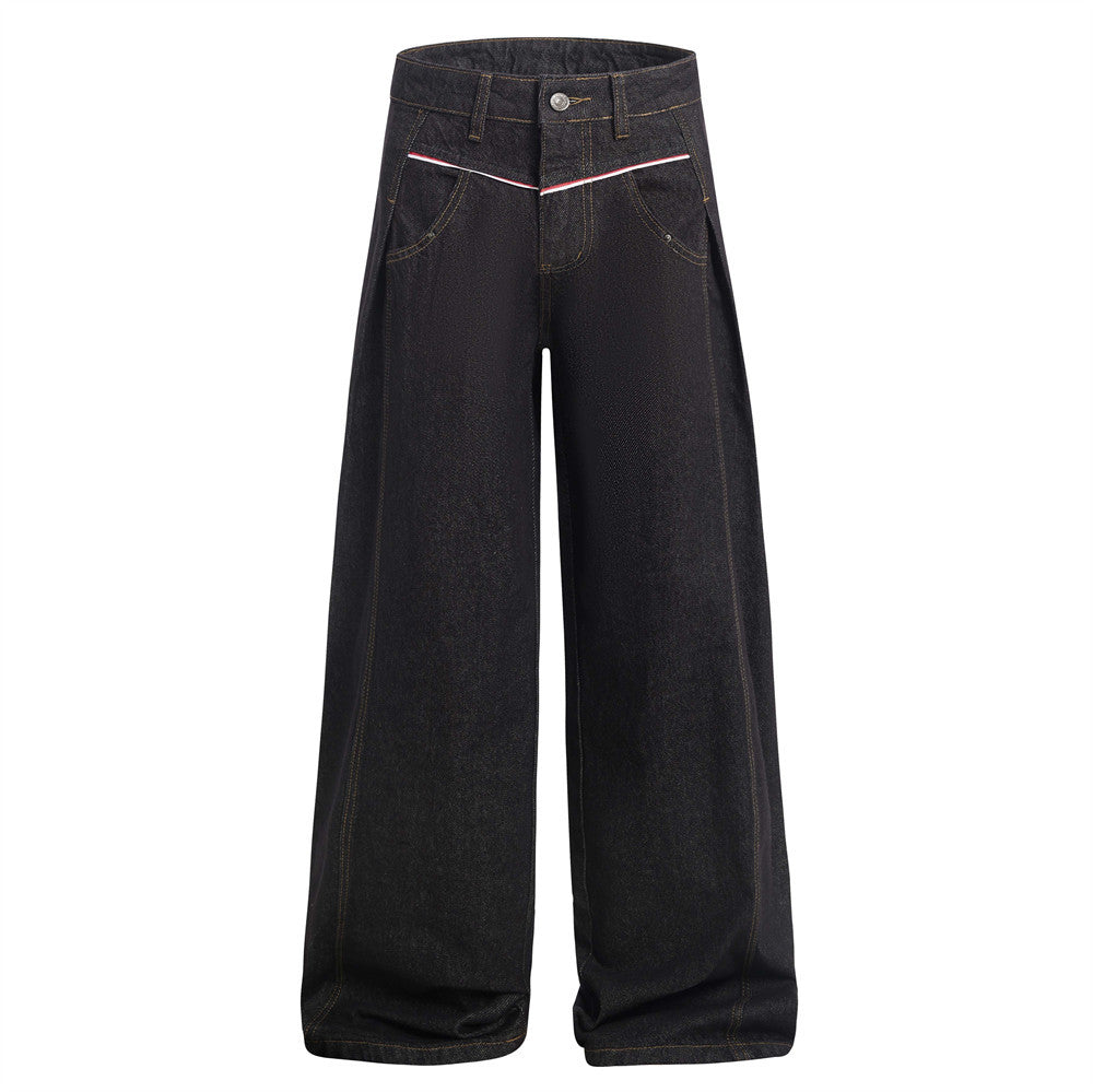 American High Street Design Denim Wide Leg Long Pants Men's Vibe Trendy Side Pleated Loose Casual Trousers - V.I.P Digital Presence