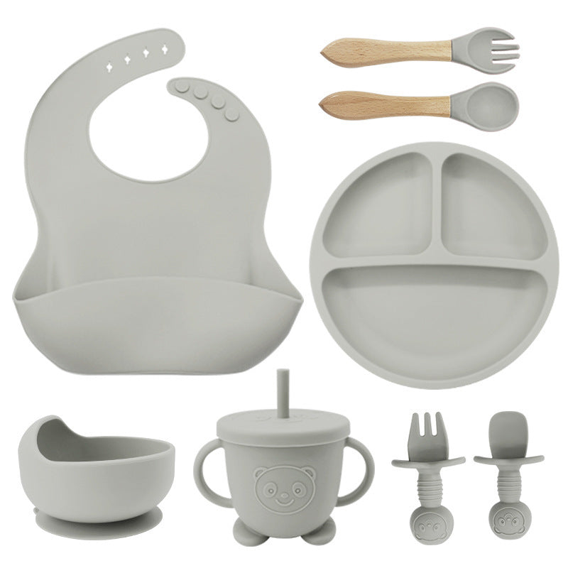 8PCS Mother and baby silicone bibs, silicone dinner plates, eight-piece set, baby food training suction cup bowl, baby divided tableware set - V.I.P Digital Presence