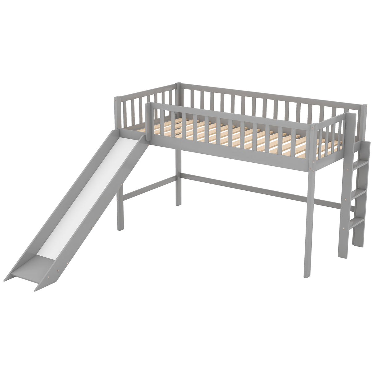 Twin Size Low Loft Bed with Ladder and Slide Gray