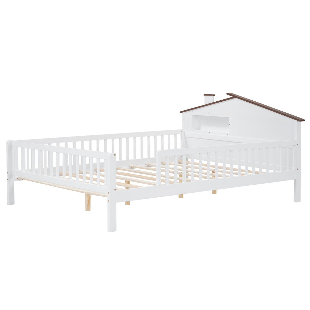 Full Size Wood Platform Bed with House-shaped Headboard, LED and Built-in Storage, White - V.I.P Digital Presence