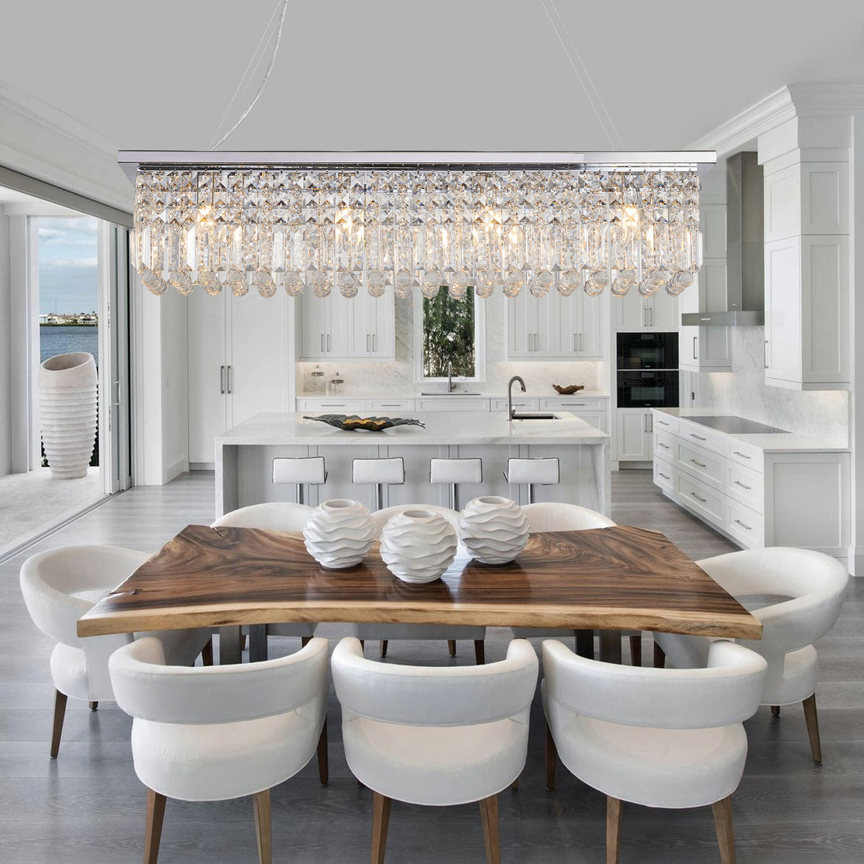 Modern Crystal Chandelier for Dining Room 8-Light White Rectangle Raindrop L39.4'' x W9.8'' x H8.7'(Bulb Not Included) - V.I.P Digital Presence