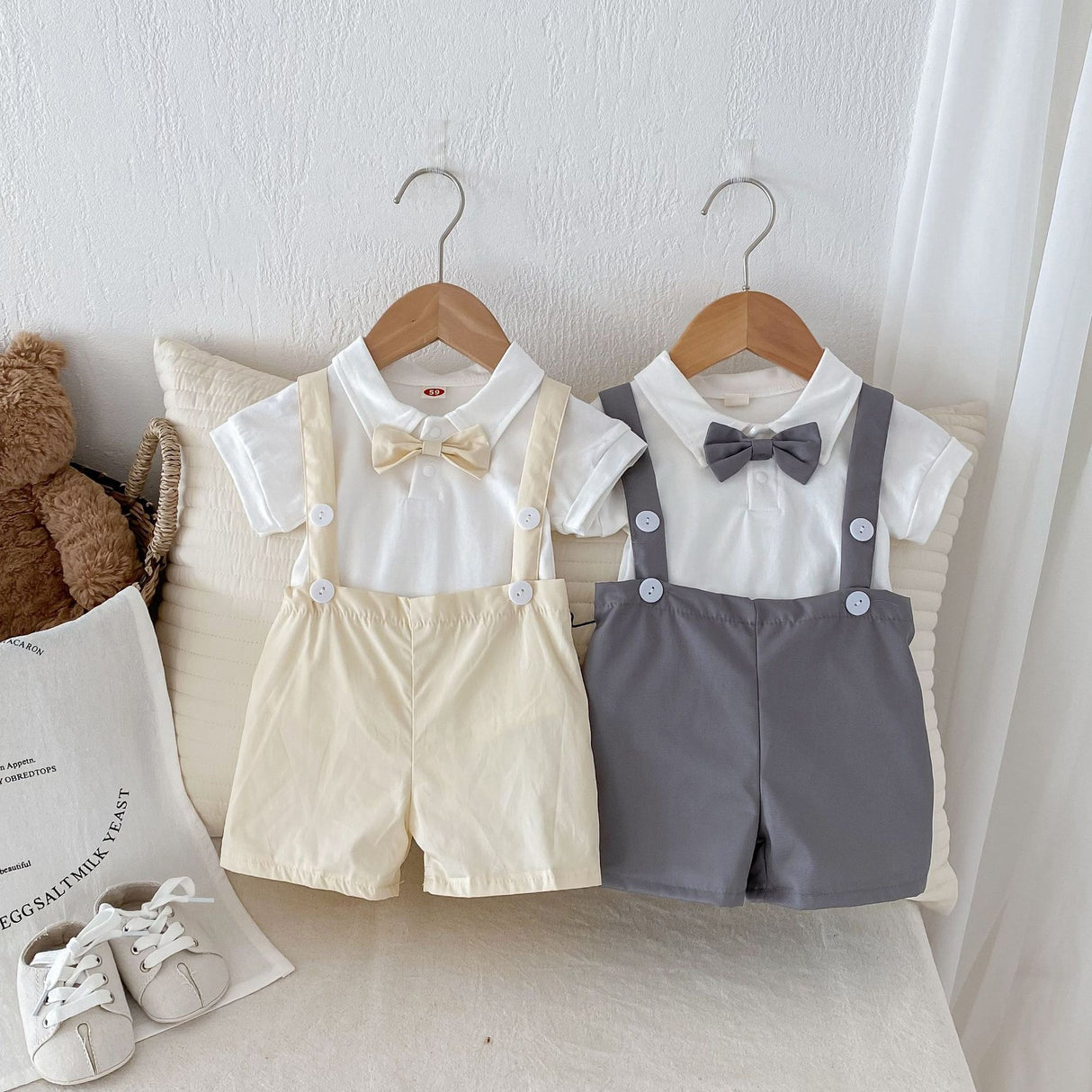 Summer baby hoodie tie suspender shorts two-piece set for gentlemen's one month and one year old dress suspender pants - V.I.P Digital Presence