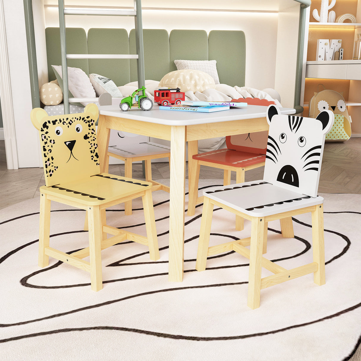5 Piece Kiddy Table and Chair Set Kids Wood Table with 4 Chairs Set Cartoon Animals (bigger table) (3-8 years old) - V.I.P Digital Presence