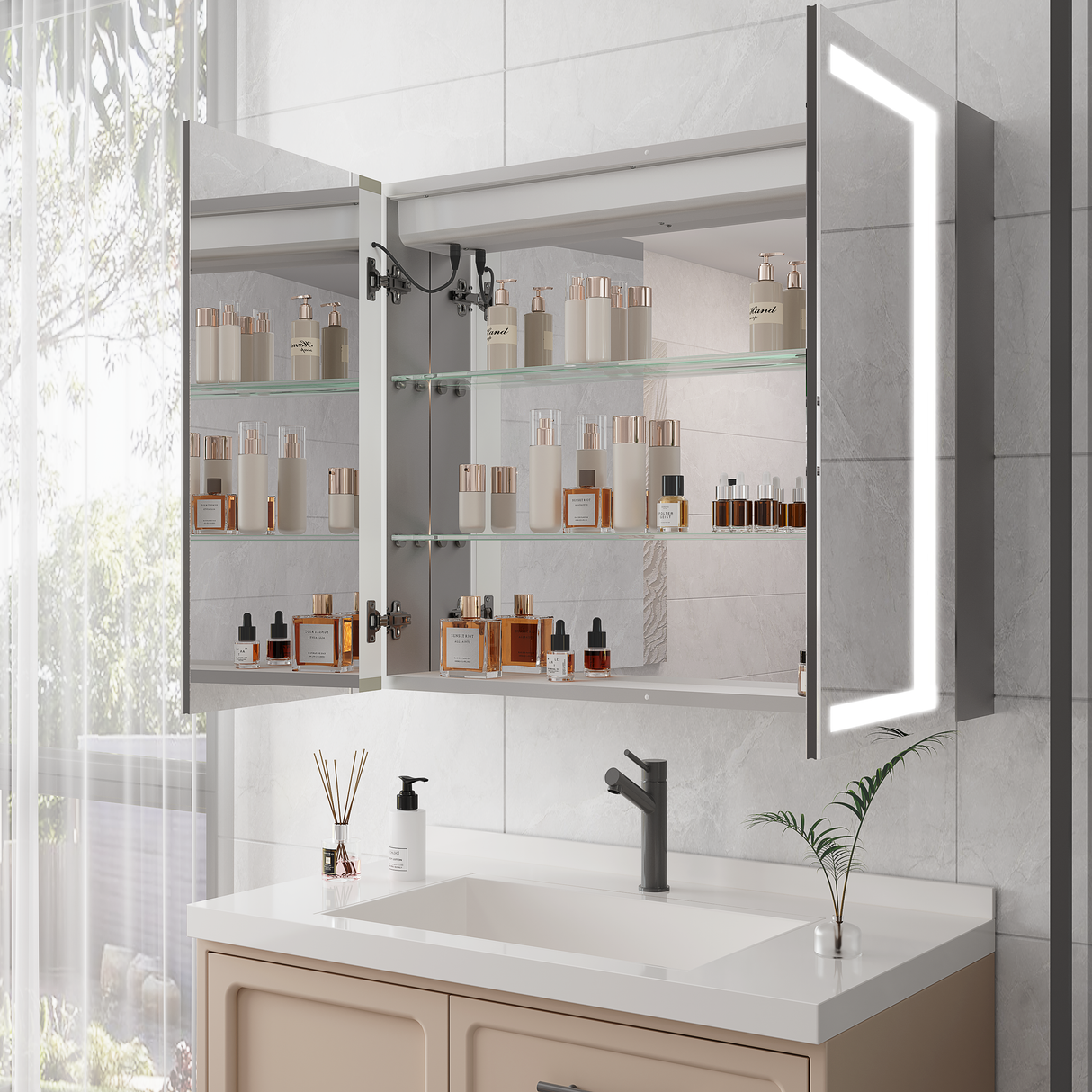 36 x 30 inch Medicine Cabinet with LED Vanity Mirror Anti-Fog Recessed or Surface Mount Waterproof DimmableAluminum 3000K~6000K Lighted Double Door Bathroom Cabinet with Touch Switch - V.I.P Digital Presence