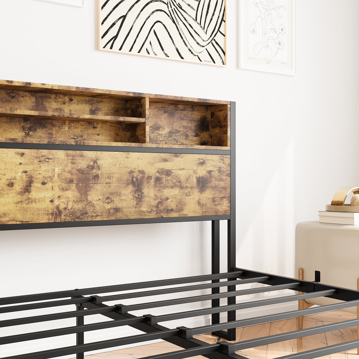 Queen Bed Frame with Storage Headboard Metal Platform Bed with Charging Station Bookcase Storage Black - V.I.P Digital Presence
