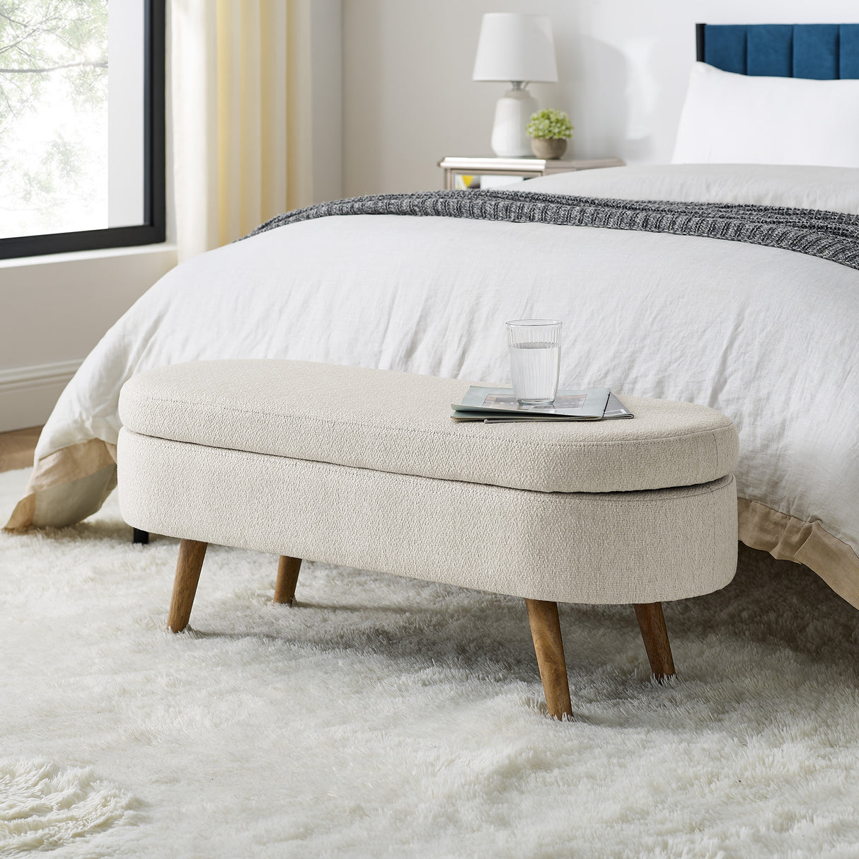 Ottoman Oval Storage Bench Rubber Wood Legs Beige(43.5"x16"x16")