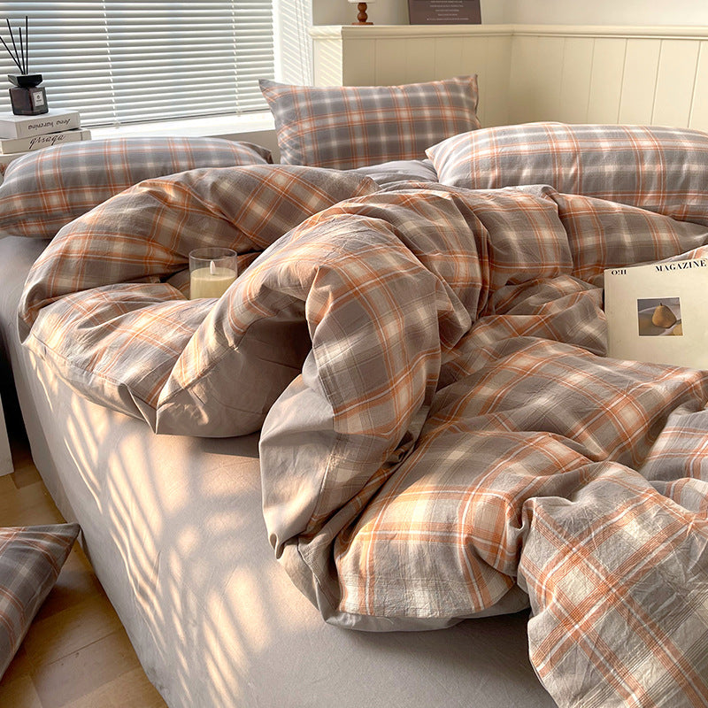 Juego de ropa de cama de algodón lavado teñido de algodón puro de clase A, sábana plana, funda de edredón, sábana ajustable, funda de edredón, juego de tres piezas a rayas