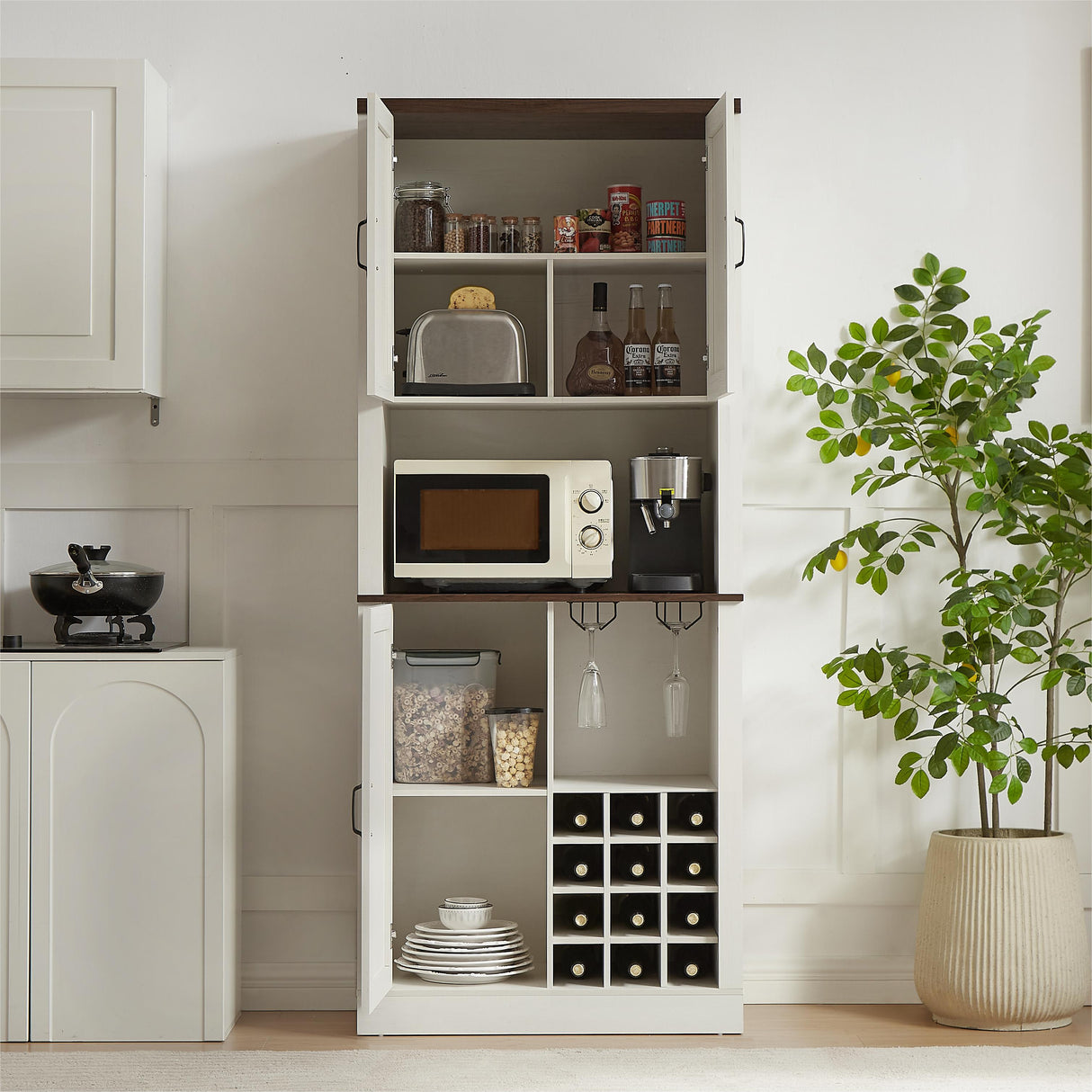 76 Inch Tall Farmhouse Kitchen Faux Rattan Wine Cabinet, Kitchen Bar Cabinet with Square Compartments and Shelves - V.I.P Digital Presence
