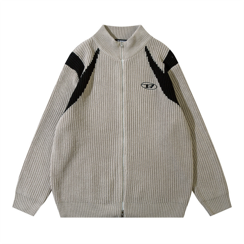 Color Block Zipper Cardigan Sweater Men's Autumn Street Style Stand Collar Long Sleeve Loose Knitwear - V.I.P Digital Presence