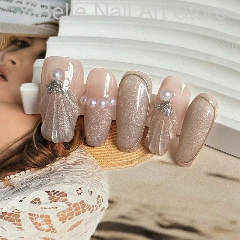 Sea Shells Handmade Press on Nails Ballerina Professional Wearable Reusable False Nail Tip Nail Art With Shiny Pearl - V.I.P Digital Presence