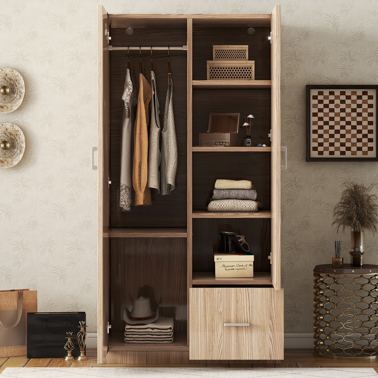 Wooden Wardrobe with Double Doors, Armoire with Hanging Rod, 5 Fixed Shelves, One Storage Drawer,Natural - V.I.P Digital Presence