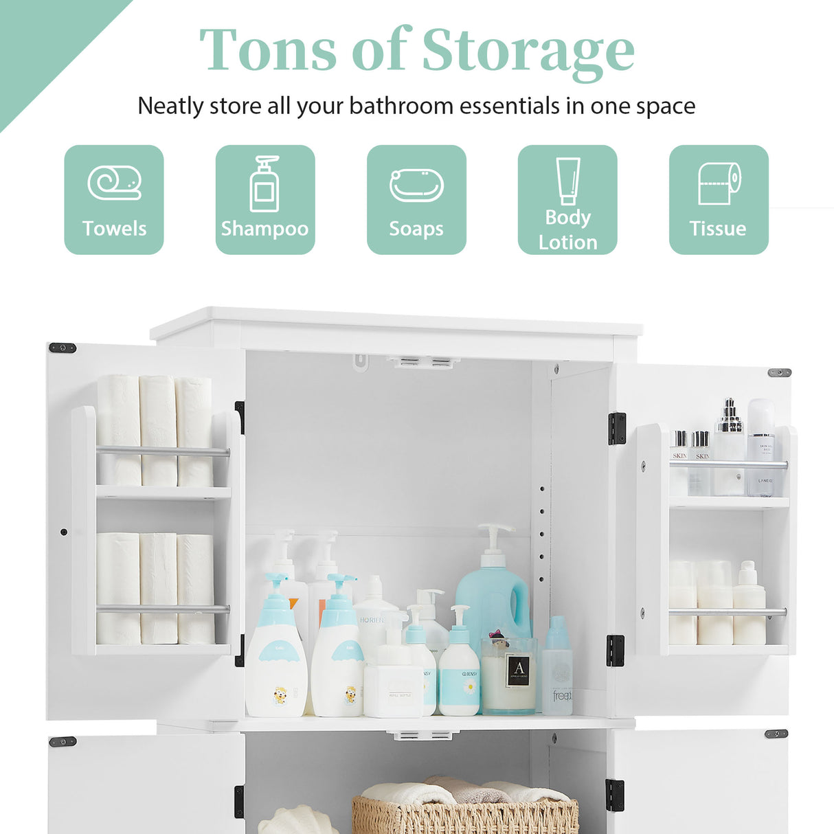 Bathroom floor storage cabinet, bathroom storage unit, 4-door independent cabinet, adjustable shelf, adaptive shelf, white - V.I.P Digital Presence