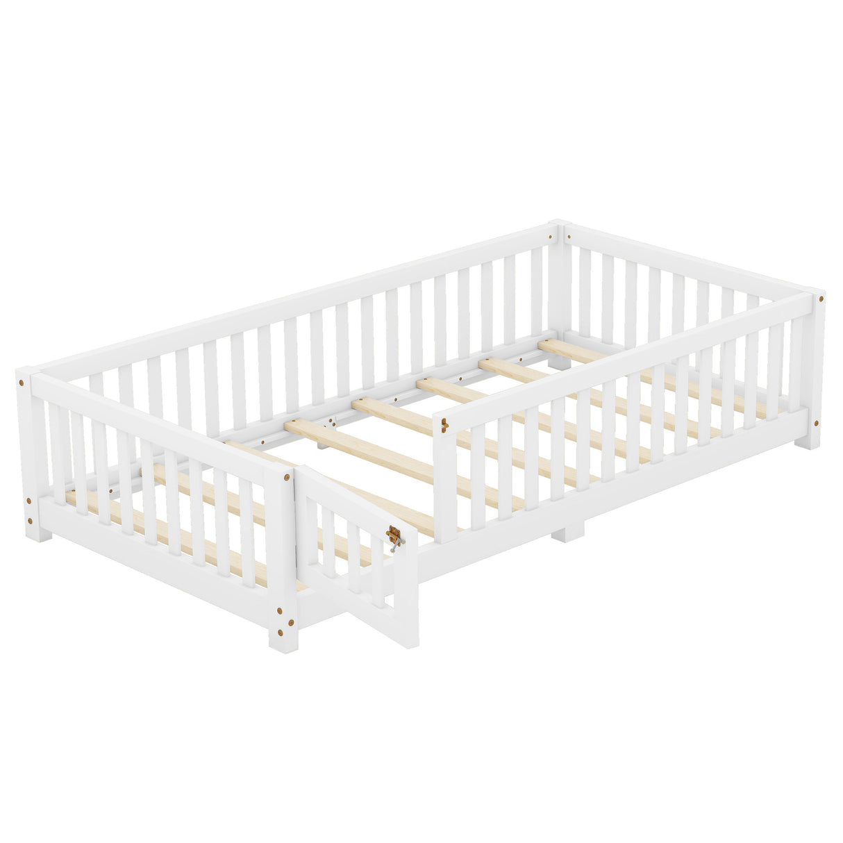 Twin Size Bed Floor Bed with Safety Guardrails and Door for Kids, White - V.I.P Digital Presence
