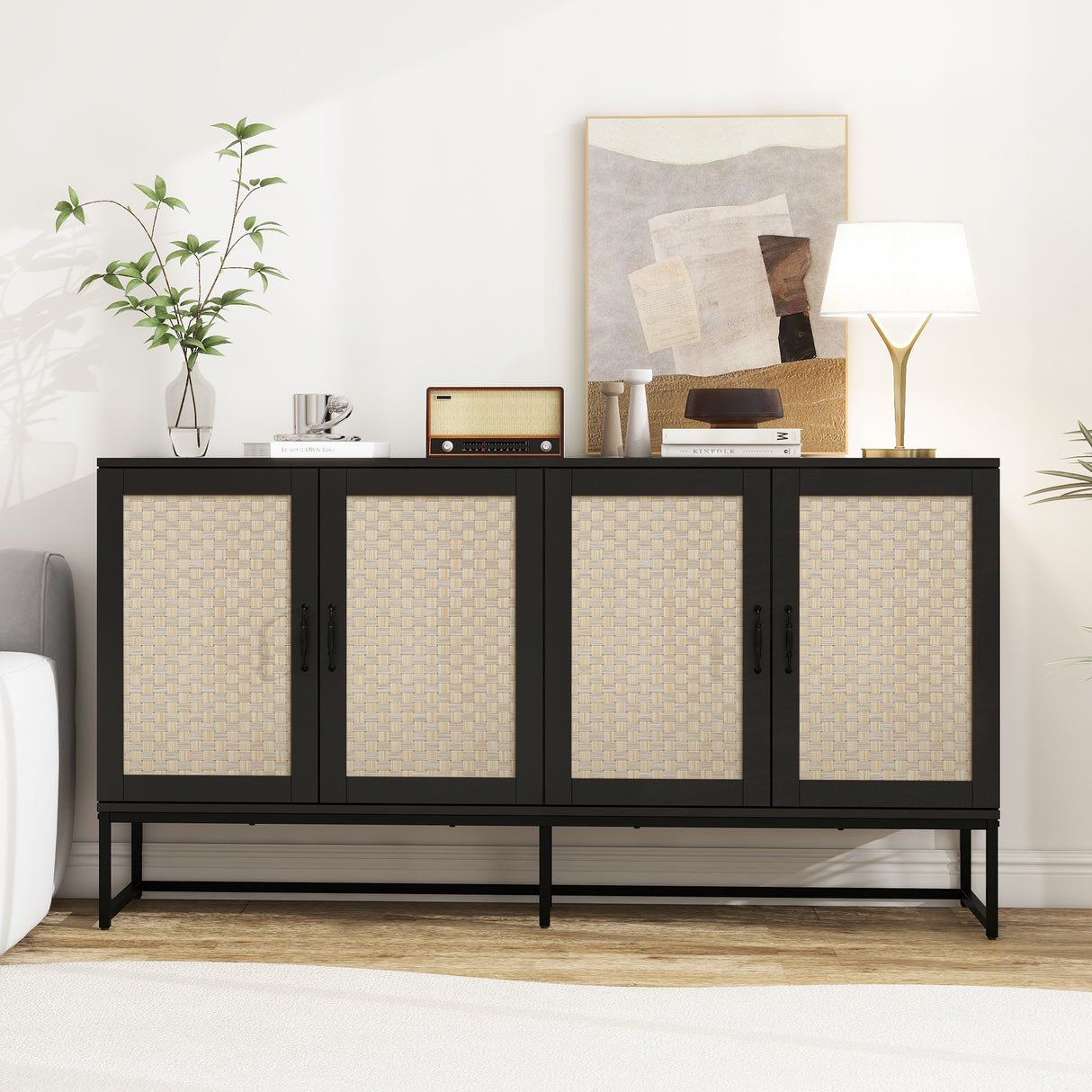 Rattan 4-Door Sideboard , Sideboard Buffet Storage Cabinet,Accent Storage Cabinet , Large Cabinet With 4 Rattan Decorated Doors - V.I.P Digital Presence