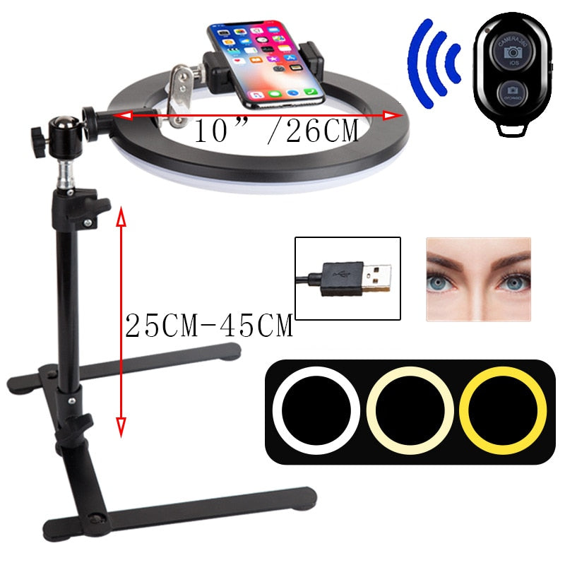Video Youtube Lámpara de luz de anillo de relleno Live COOK 26CM Fotografía Iluminación Teléfono Anillo de luz Trípode Soporte Foto Led Selfie Bluetooth