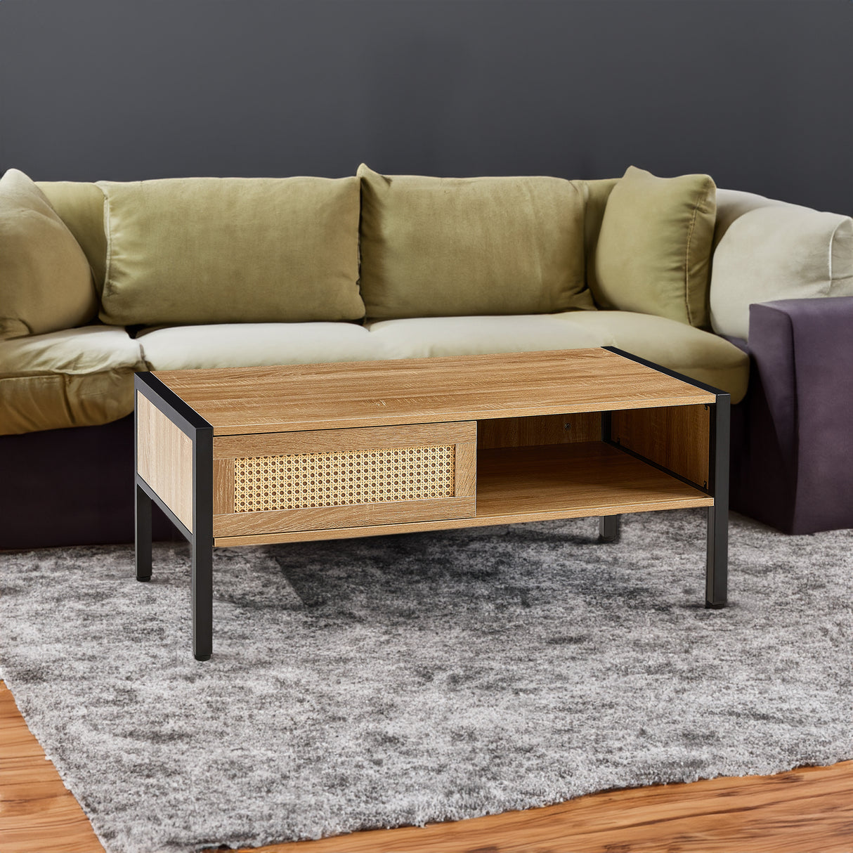40.16" Rattan Coffee table, sliding door for storage, metal legs, Modern table for living room , natural - V.I.P Digital Presence