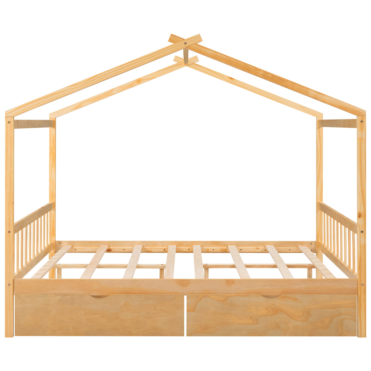 Full Size House Platform Bed with Two Drawers,Headboard and Footboard Roof Design Natural