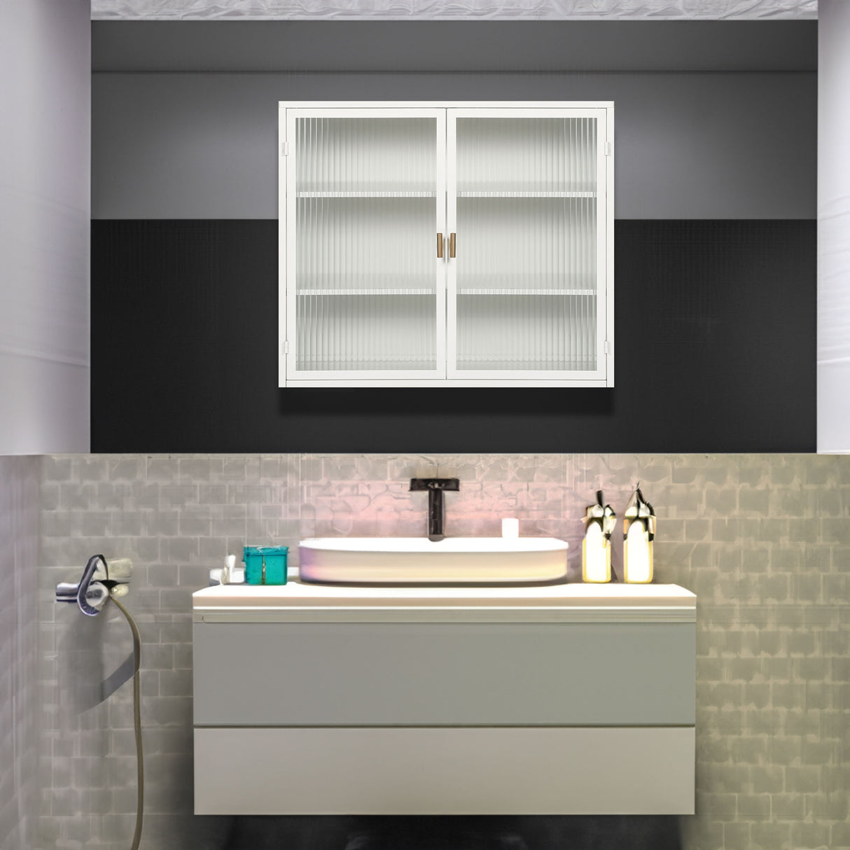 27.56"Glass Doors Modern Two-door Wall Cabinet with Featuring Three-tier White