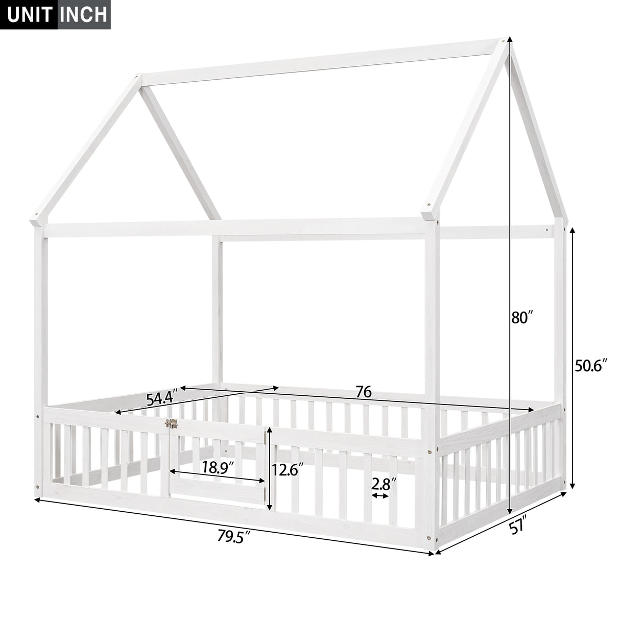 Full Size Wood House Bed with Fence and Door White Wash