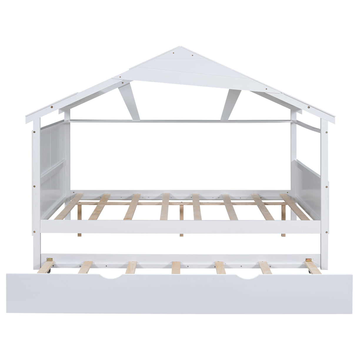 Wood Full Size House Bed with Twin Size Trundle and Storage White