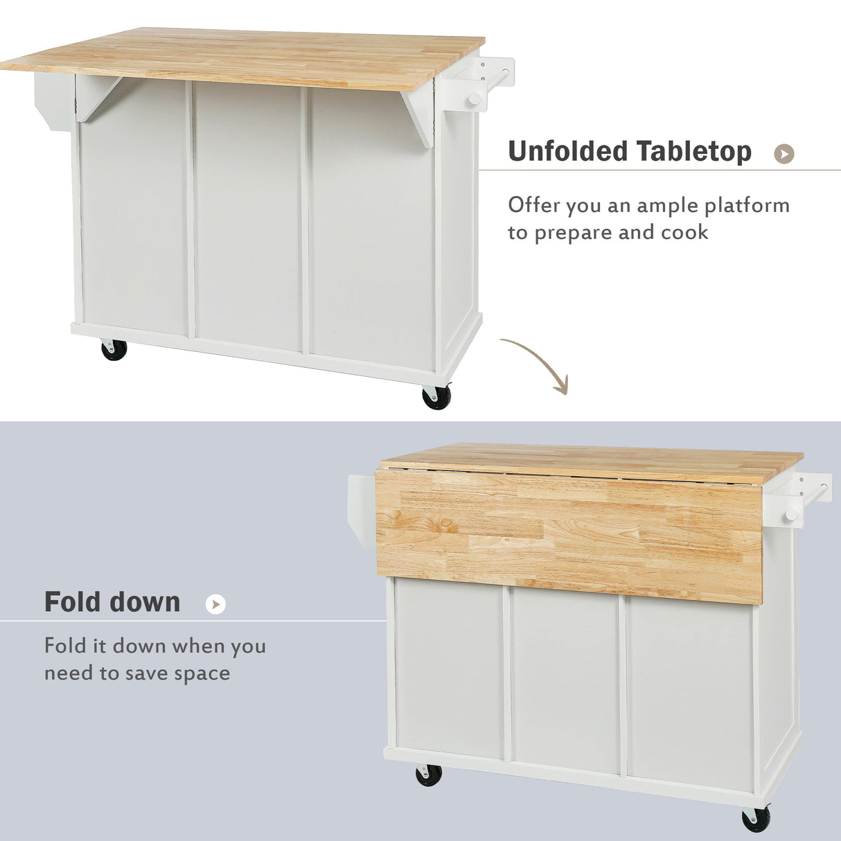 Kitchen trolley with rubber wood leaf countertop, 5-wheel kitchen island, storage cabinet and 3 dining drawers, white - V.I.P Digital Presence