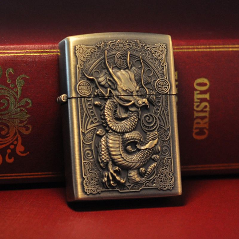 Kerosene lighter windproof retro style grinding wheel personalized bronze relief fuel dispenser - V.I.P Digital Presence