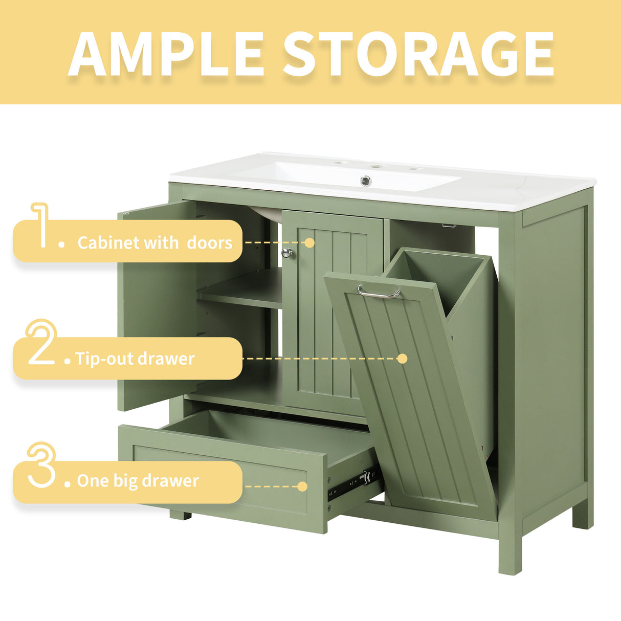 36 inch bathroom vanity with sink, one double door cabinet one large drawer and one flip drawer solid wood and MDF board, green - V.I.P Digital Presence