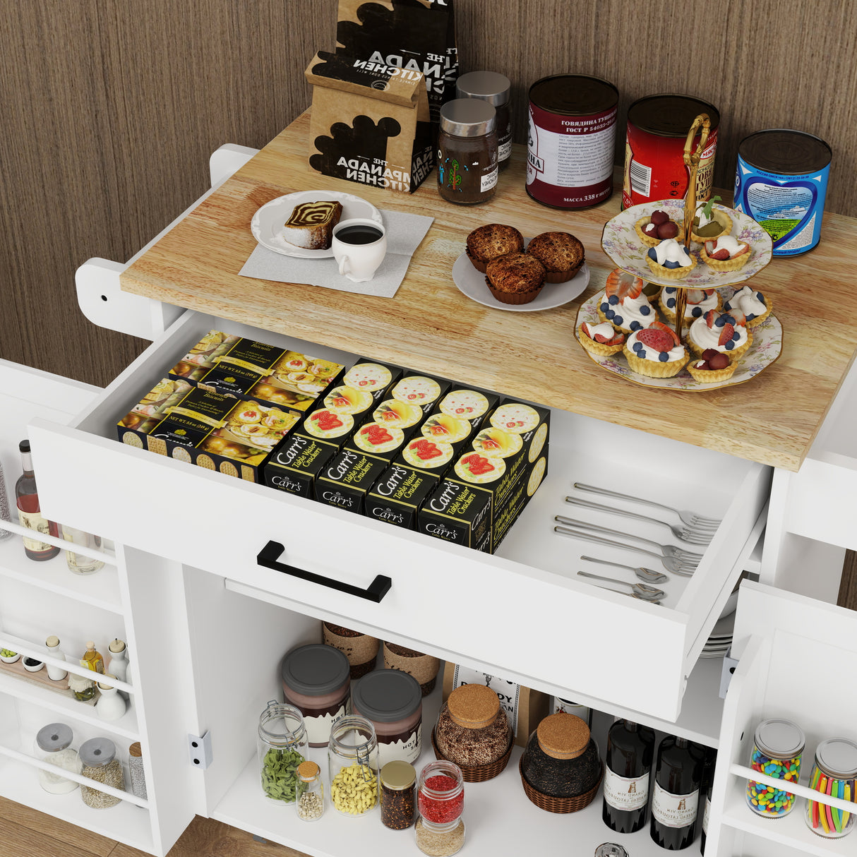 Kitchen island rolling trolley cart with 1 drawer & 2 doors with storage racks & Adjustable Shelves & towel rack - V.I.P Digital Presence