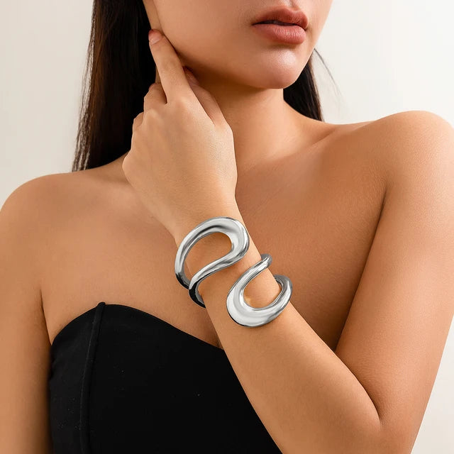 Lacteo Steampunk Chunky Heavy Metal Spring Cuff Bracelet for Women Irregular Big Hollow Out Bangle Jewelry Party Accessories - V.I.P Digital Presence