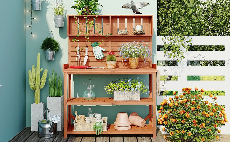 65" Large Wooden Farmhouse Rustic Outdoor Potting Bench Table Garden Potting Bench with 4 Storage Shelves and Side Hook,Natural - V.I.P Digital Presence