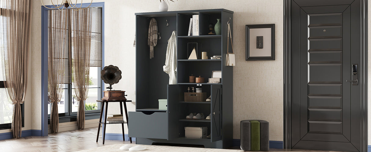 Multi-functional Hall Tree with Storage Shelves Drawers and Cabinet, Elegant Hallway Shoe Cabinet with Bench Antique Blue - V.I.P Digital Presence