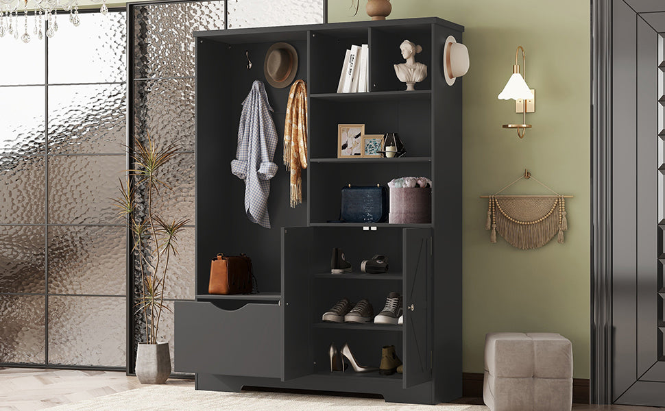 Multi-functional Hall Tree with Storage Shelves Drawers and Cabinet, Elegant Hallway Shoe Cabinet with Bench Modern Black - V.I.P Digital Presence