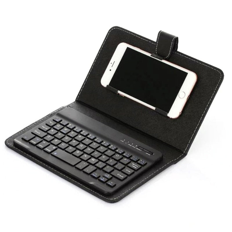 Funda de teclado inalámbrico portátil de cuero sintético para iPhone, teléfono móvil protector con teclado Bluetooth para iPhone y teléfono Android.