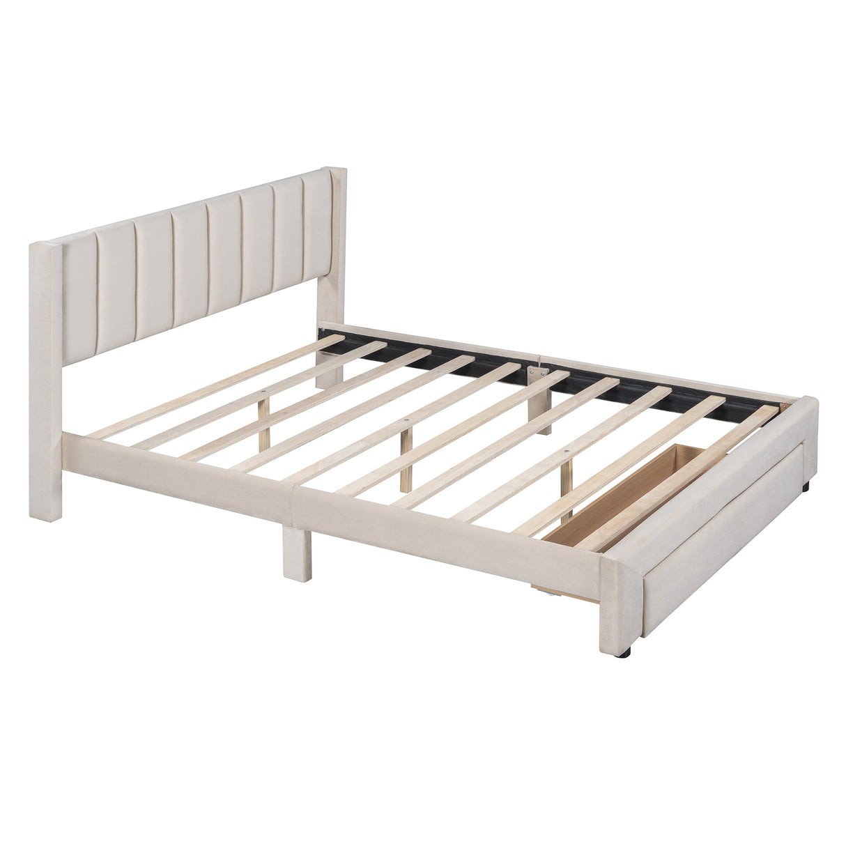 Queen Size Storage Bed Velvet Upholstered Platform Bed with a Big Drawer - Beige - V.I.P Digital Presence