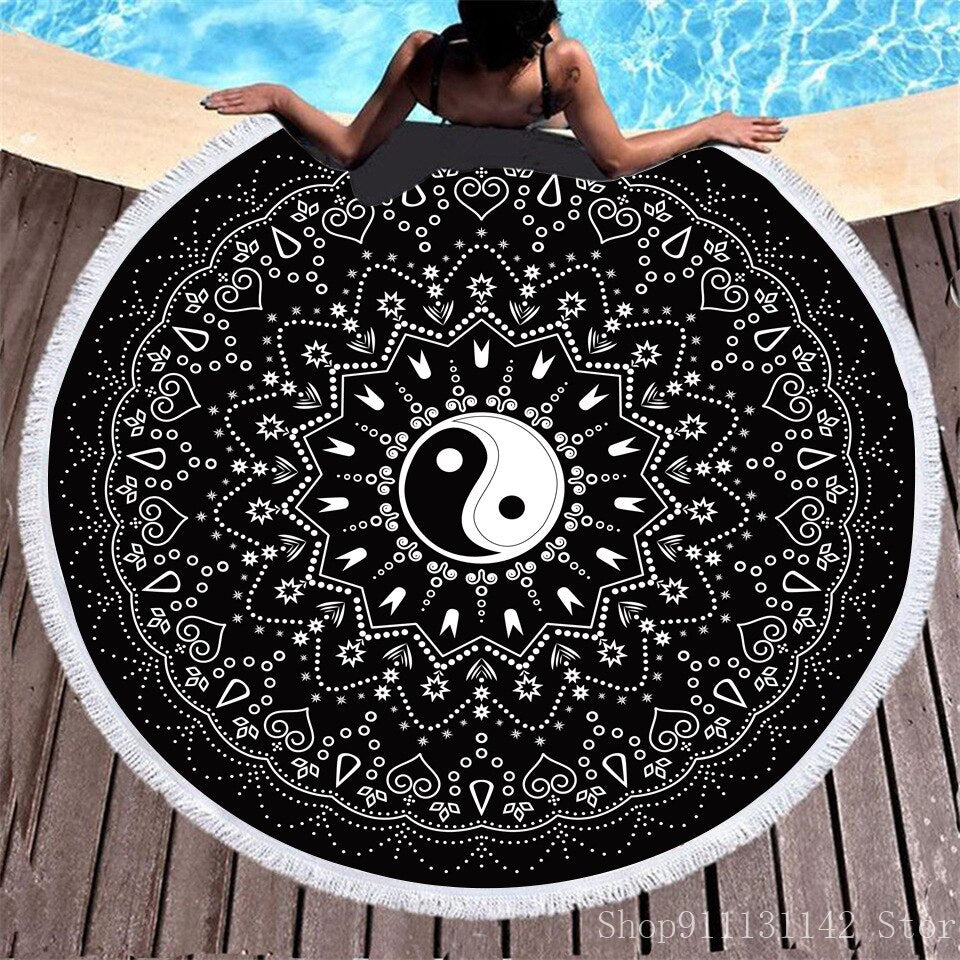 Toalla de playa redonda con estampado digital de animales de Tai Chi bohemios en 3D, ideal para natación, yoga, picnic y bikini.
